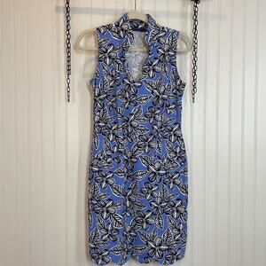 Catherine Way Blue & Black Floral sleeveless Scalloped Hem V-Neck Sheath Dress 2